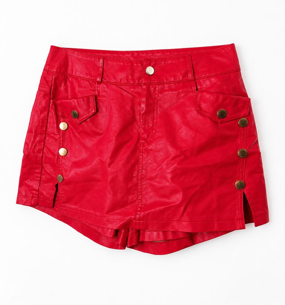 London Fog Red Faux Leather Skort Shorts Women's L Gold Button Mod